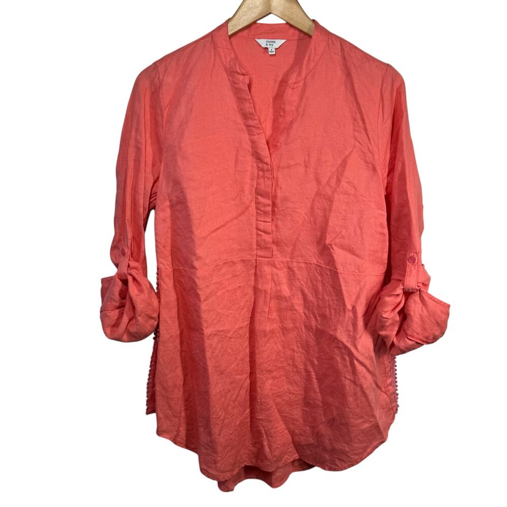 Crown & Ivy Top Women S Orange 100% Linen Roll Tab Sleeve Tunic Coastal Spring